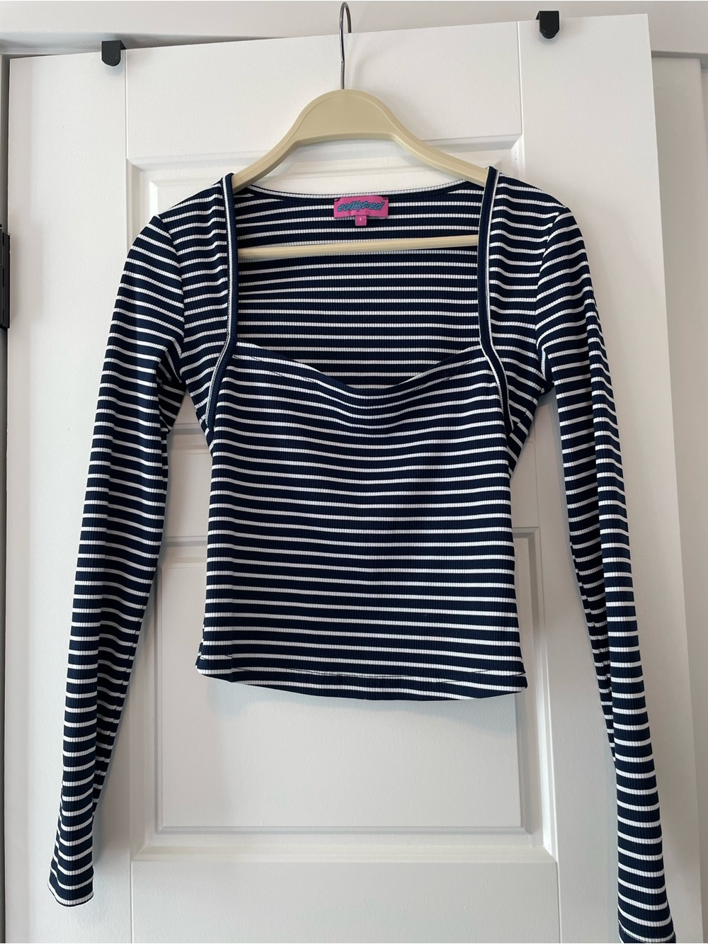 Edikted Navy & White Striped Square-Neck Long Sleeve Top
